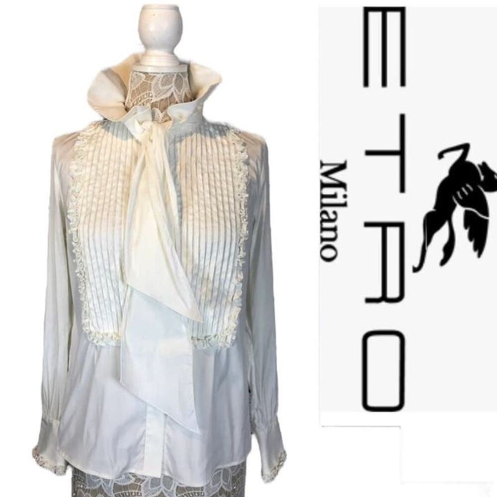 ETRO white tuxedo blouse high ruffled neck tie Victorian style size small (40)
